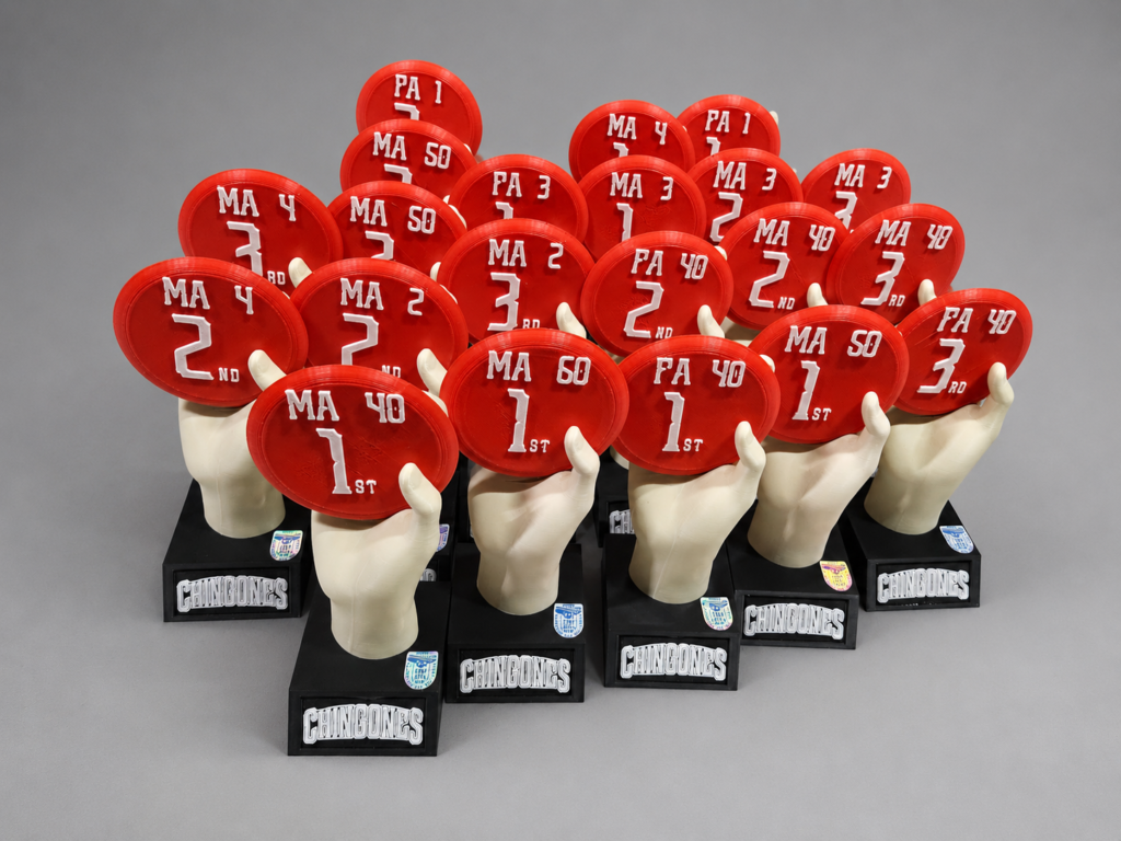 Trofeos personalizados impresos en 3D multicolor para torneo de disc golf, fabricados por ICONO3D