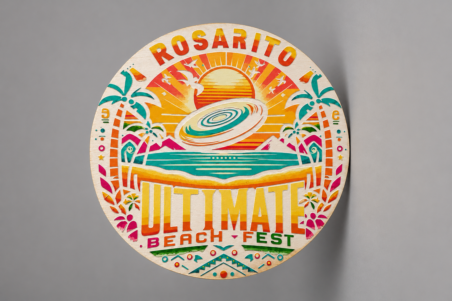 Círculo de madera personalizado con aplicación UV DTF a todo color para evento de Ultimate, fabricado por ICONO3D